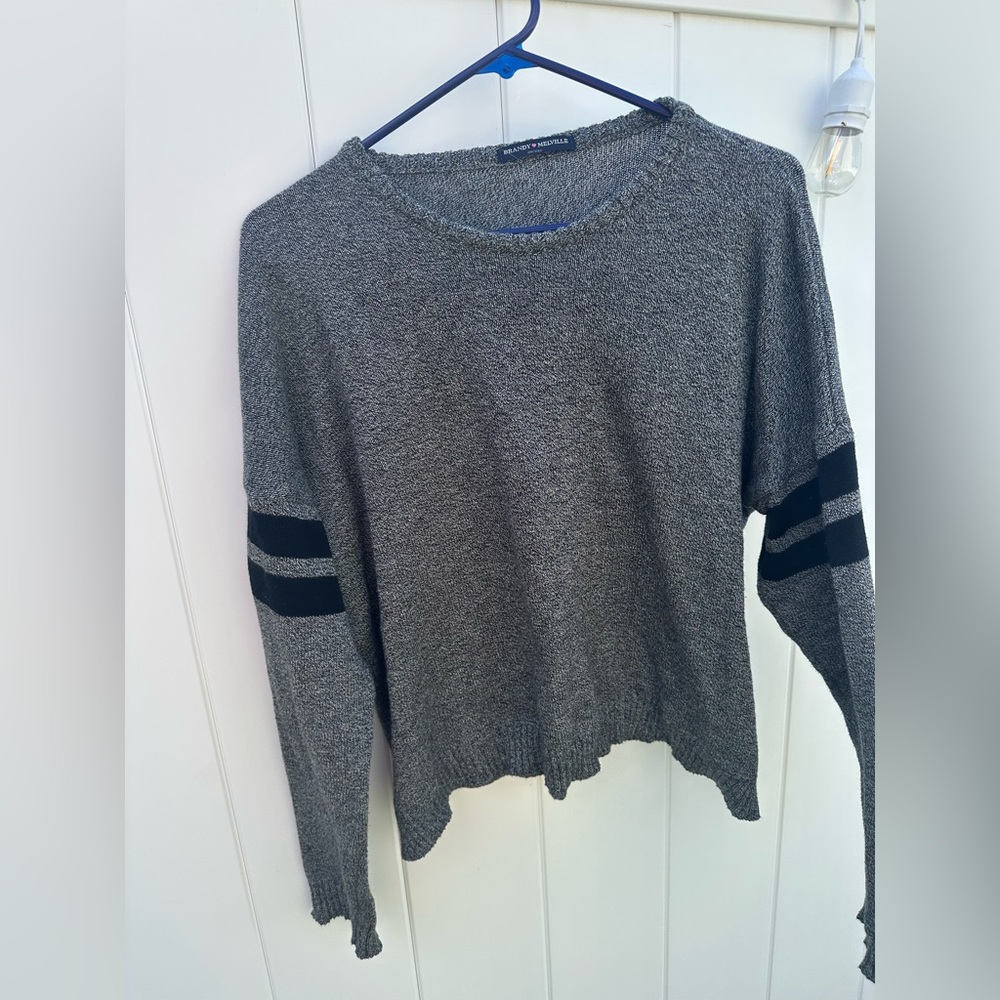 brandy melville gray sweater with striped sleeves. “One size”